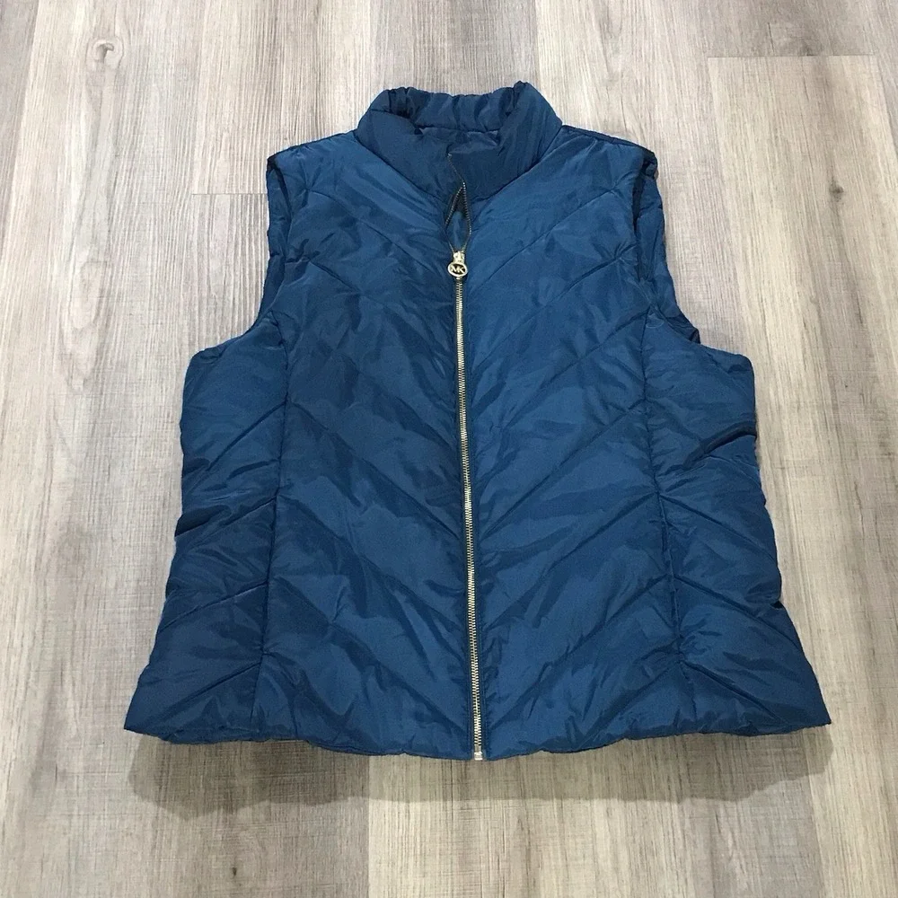 Michael Kors Women's Quilted Puffer X-Large Vest Teal Blue MK Logo Zip Up Jacket